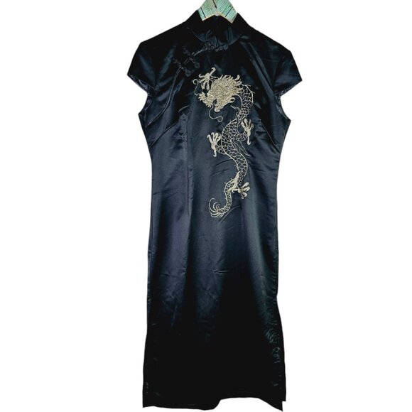 Vintage Y2K Ancient Moods Chinese Cheongsam Qipao Gold Dragon Embroidery Dress - Picture 1 of 8
